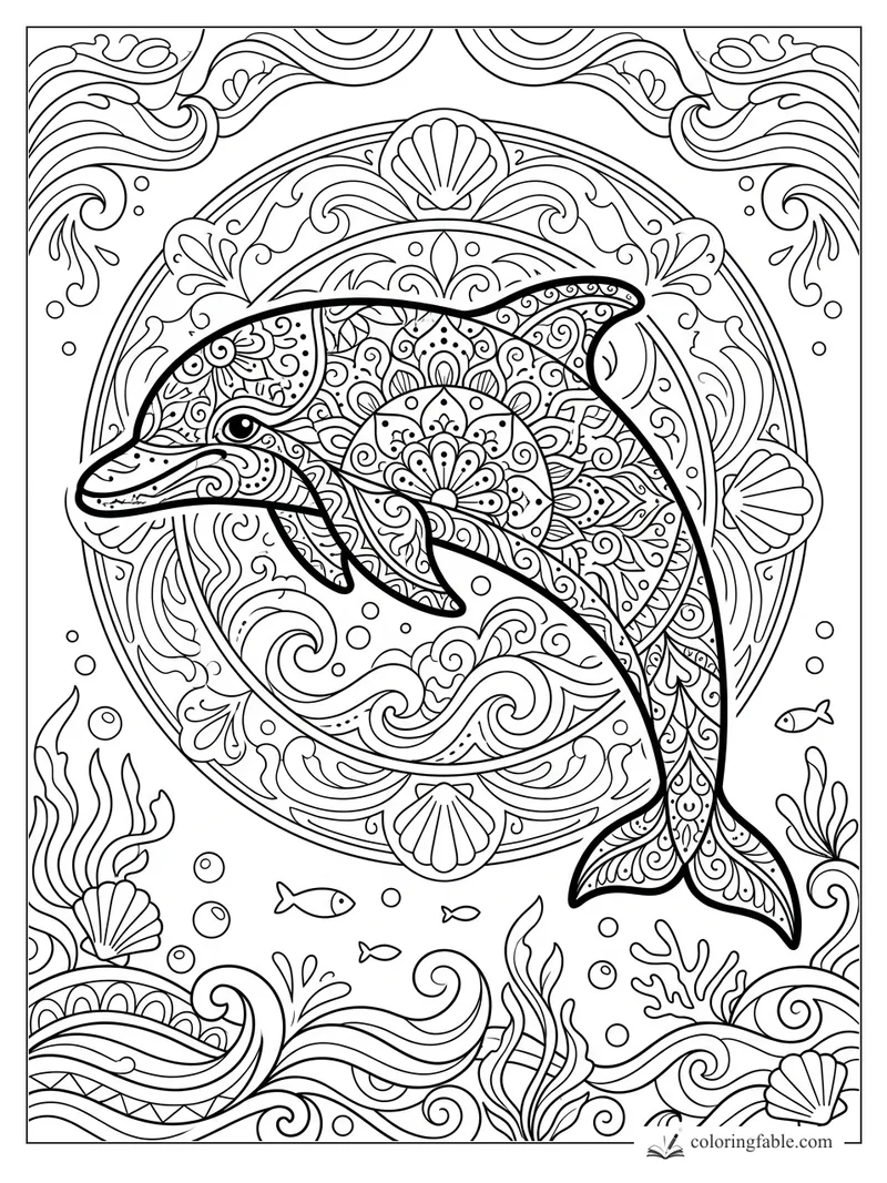 Intricate mandala dolphin with floral patterns, shells, waves, bubbles, seaweed, and tiny fish