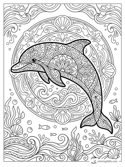 Intricate mandala dolphin with floral patterns, shells, waves, bubbles, seaweed, and tiny fish