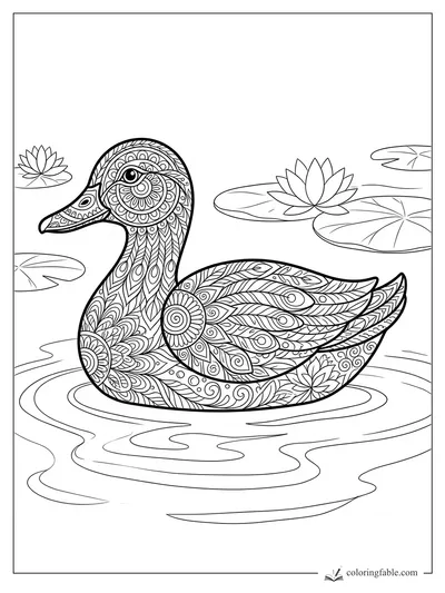 Intricate mandala duck floating among lotus flowers, lily pads, and rippled pond water