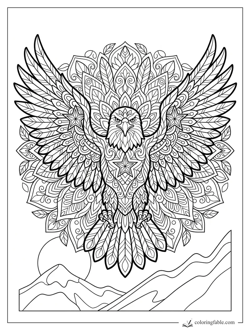 Intricate mandala eagle with spread wings, star ornaments, leafy patterns, and mountain ridges below
