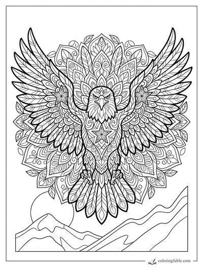 Intricate mandala eagle with spread wings, star ornaments, leafy patterns, and mountain ridges below