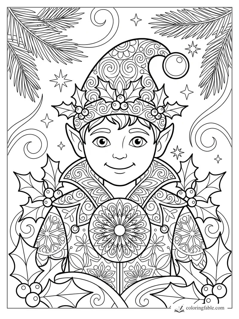 Smiling mandala elf in a patterned hat, holly leaves, berries, stars, swirls, and pine branches.