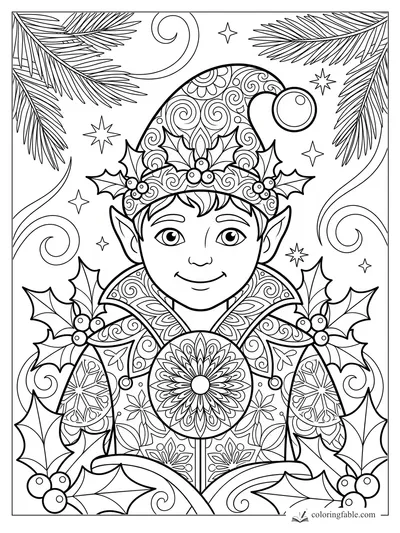 Smiling mandala elf in a patterned hat, holly leaves, berries, stars, swirls, and pine branches.
