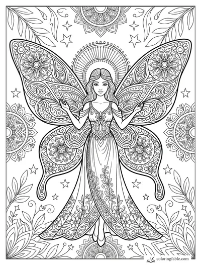 Intricate mandala fairy with patterned butterfly wings, floral gown, stars, leaves, and circular ornaments.