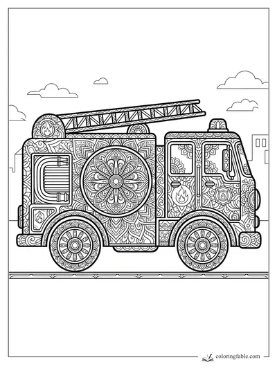 Intricate mandala fire truck coloring page with ladder, patterned wheels, flame emblems, clouds, and city buildings.