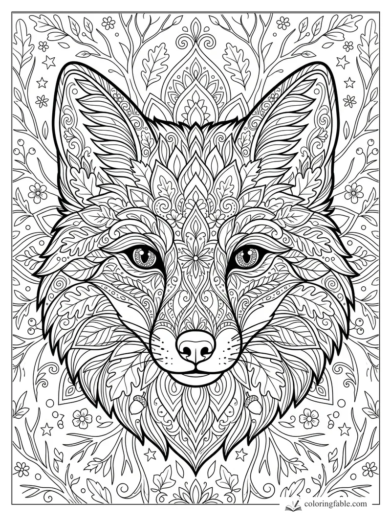 Intricate mandala fox face with leafy ears, floral scrollwork, stars, acorns, and vines