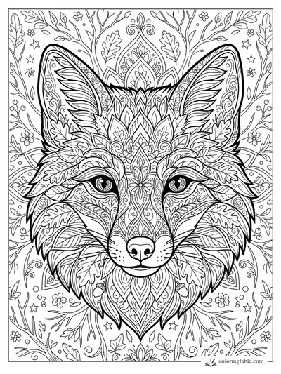 Intricate mandala fox face with leafy ears, floral scrollwork, stars, acorns, and vines