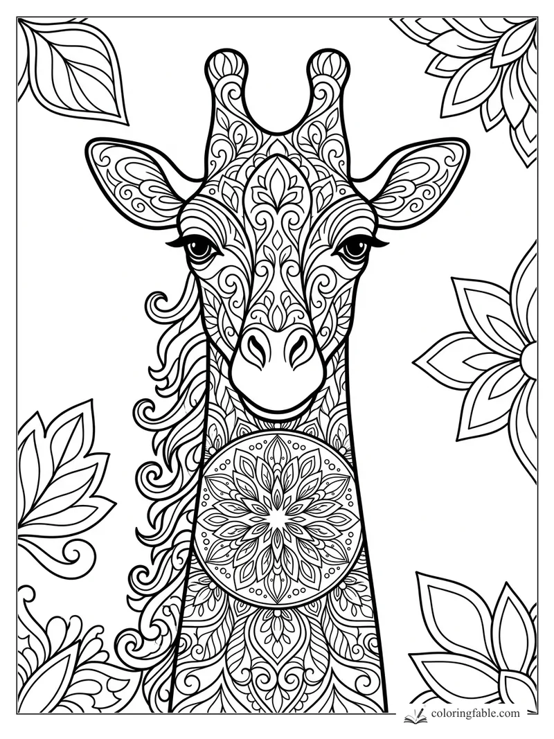 Intricate mandala giraffe portrait with patterned ears, leafy face designs, and a floral neck medallion.