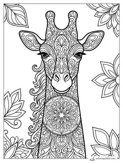 Intricate mandala giraffe portrait with patterned ears, leafy face designs, and a floral neck medallion.