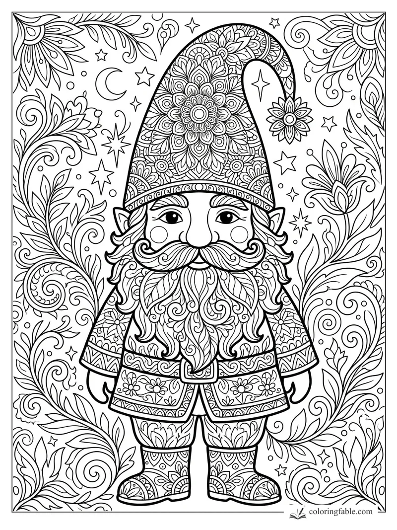 Intricate mandala gnome with patterned tall hat, curled mustache, stars, moon, and leafy vines.