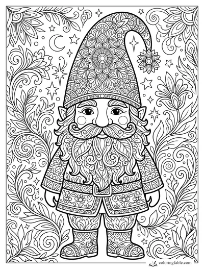 Intricate mandala gnome with patterned tall hat, curled mustache, stars, moon, and leafy vines.