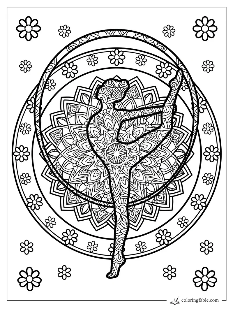 Intricate mandala gymnast posing with a hoop, floral center pattern, and daisy border coloring page