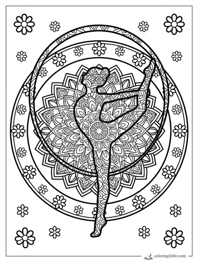 Intricate mandala gymnast posing with a hoop, floral center pattern, and daisy border coloring page