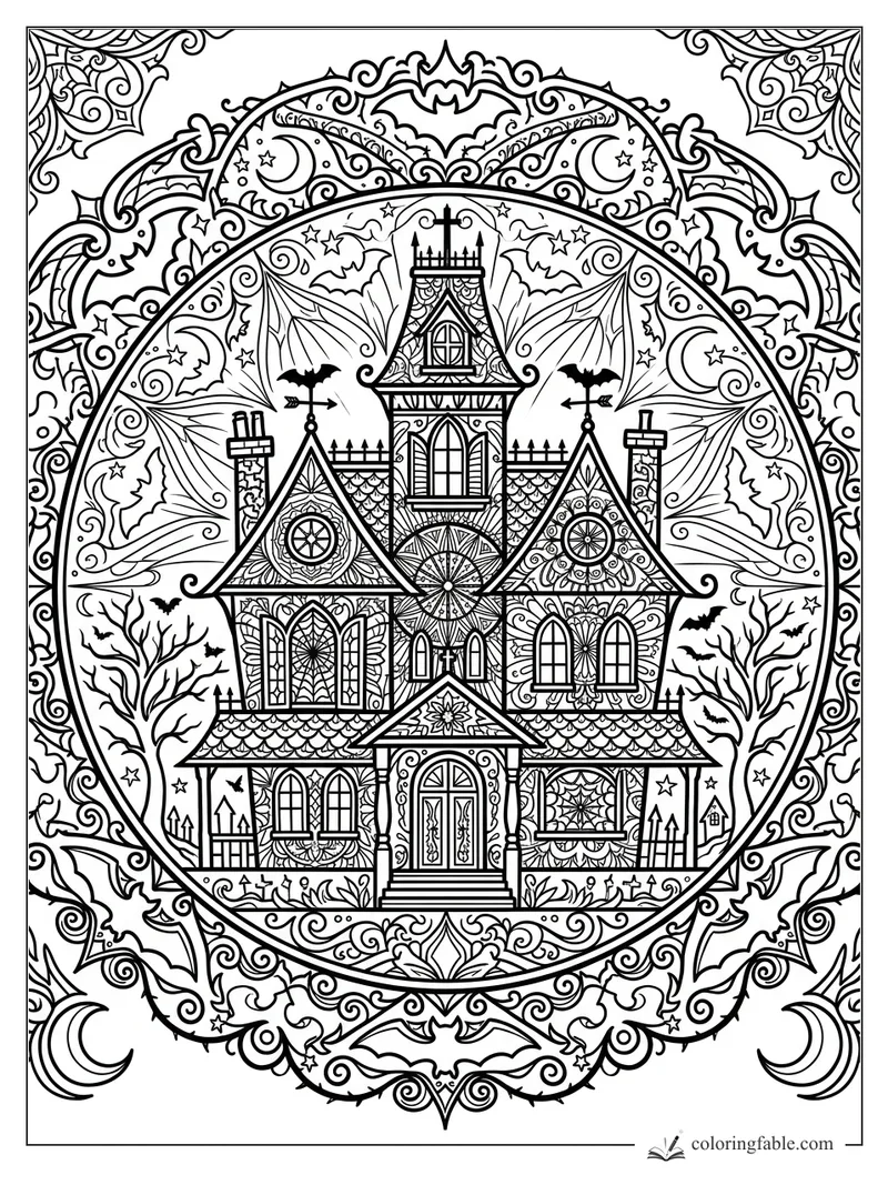 Intricate mandala haunted house with bats, crescent moons, bare trees, arched windows, and ornate roof patterns.