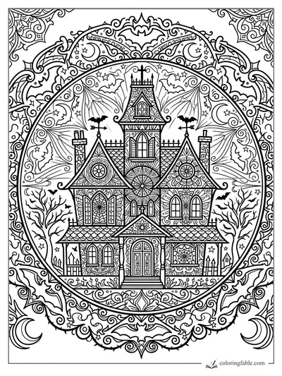 Intricate mandala haunted house with bats, crescent moons, bare trees, arched windows, and ornate roof patterns.