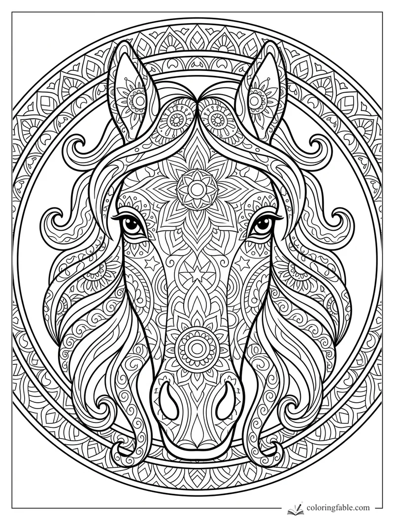 Intricate mandala horse head with floral patterns, curled mane, alert ears, and circular border