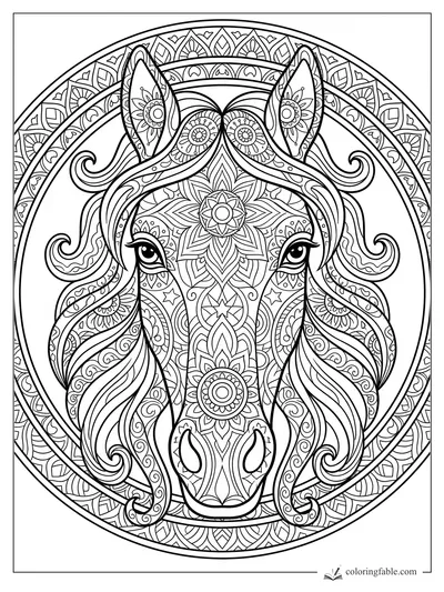 Intricate mandala horse head with floral patterns, curled mane, alert ears, and circular border