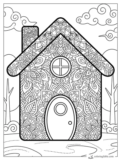 Intricate mandala house with patterned roof, round window, oval door, bare trees, and swirling clouds.