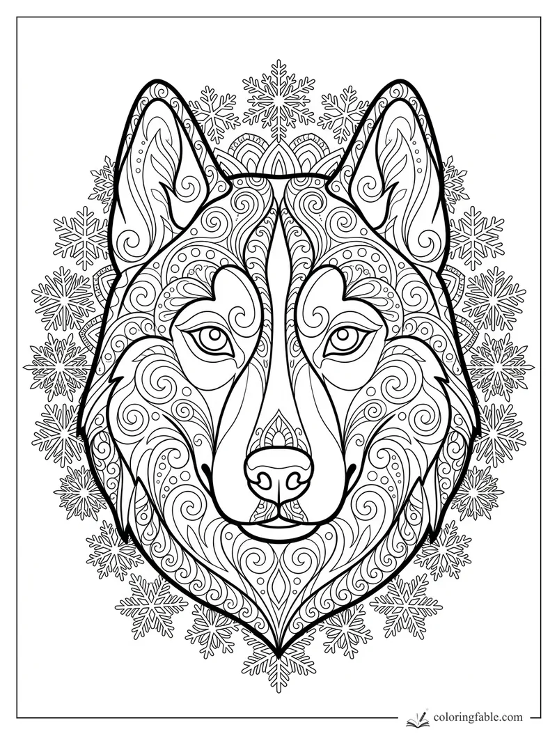 Intricate mandala husky face with swirling fur patterns, tall ears, and snowflakes around the head.