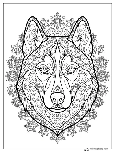 Intricate mandala husky face with swirling fur patterns, tall ears, and snowflakes around the head.