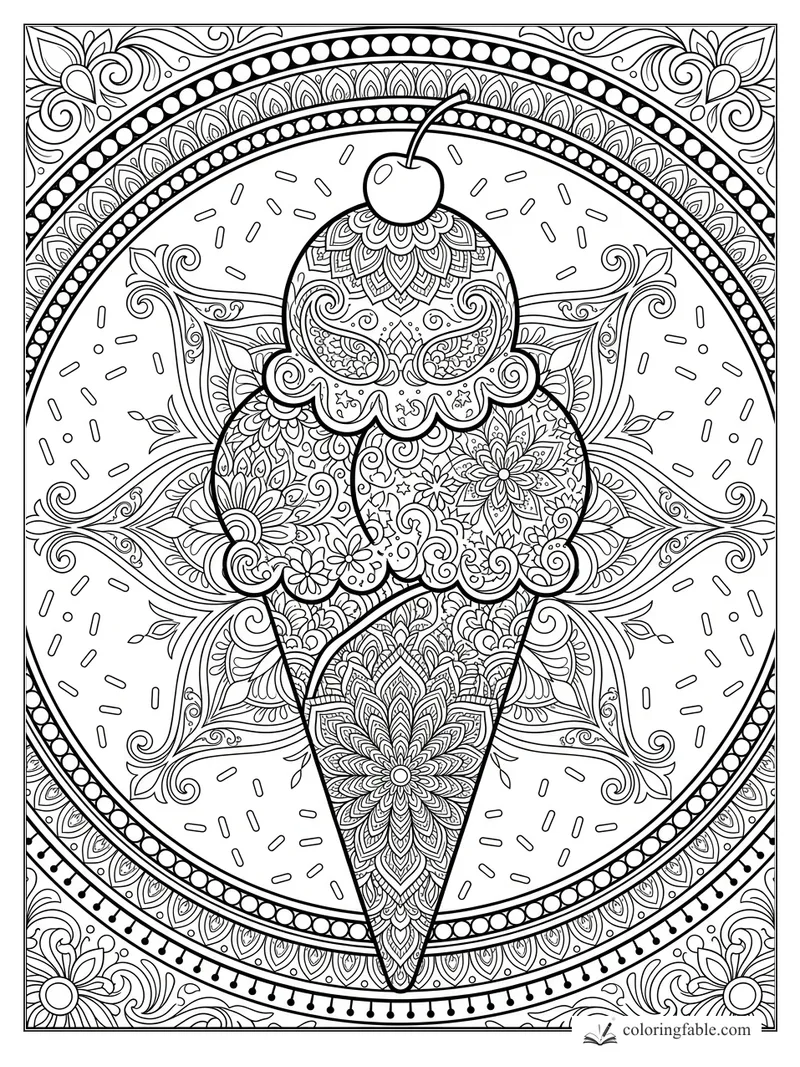 Intricate mandala ice cream cone with cherry, sprinkles, floral scoops, and ornate circular border