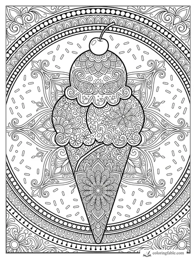 Intricate mandala ice cream cone with cherry, sprinkles, floral scoops, and ornate circular border