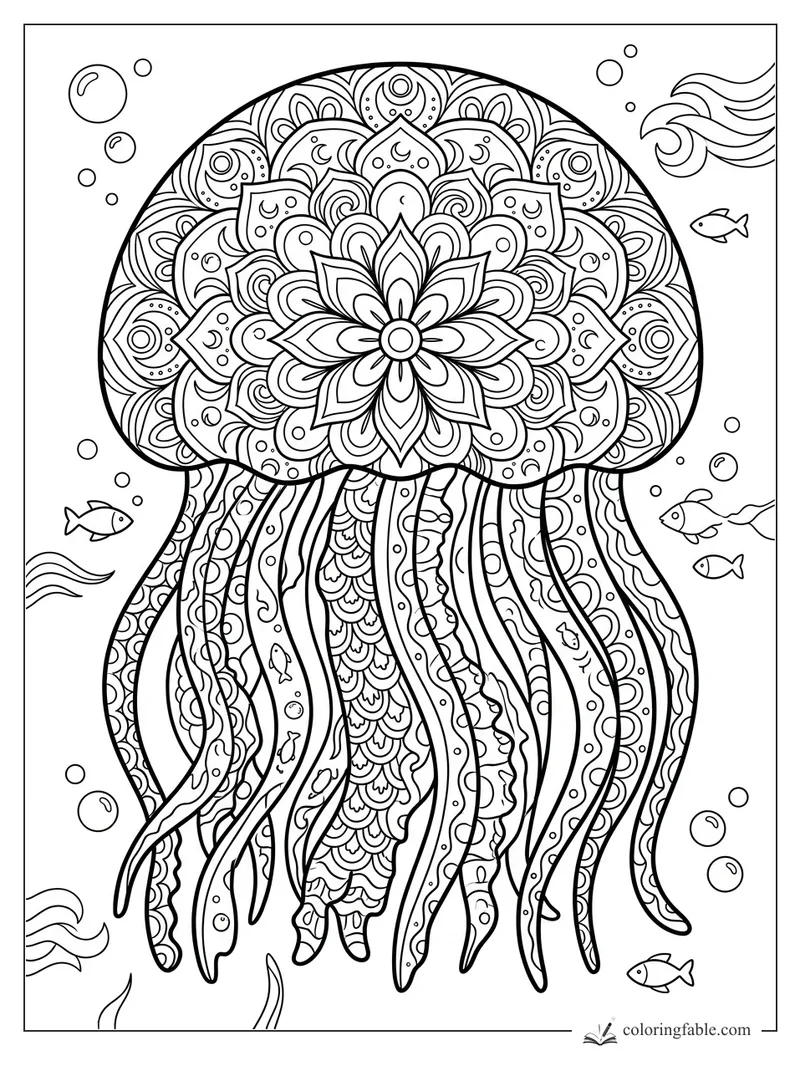 Intricate mandala jellyfish with floral bell, patterned tentacles, bubbles, fish, and wave details