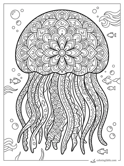Intricate mandala jellyfish with floral bell, patterned tentacles, bubbles, fish, and wave details