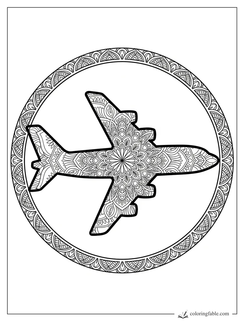 Intricate mandala airplane with floral patterns inside a decorative circular border