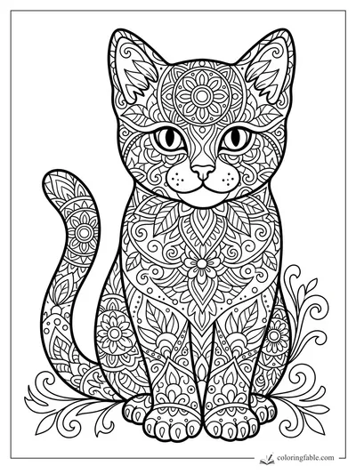 Intricate mandala kitten with flower forehead, patterned tail, leafy chest, and curled vine accents.