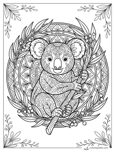 Intricate mandala koala holding eucalyptus branches inside a leafy circular pattern.