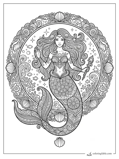 Intricate mandala mermaid holding a shell scepter, framed by seashells, fish, bubbles, stars, and coral.