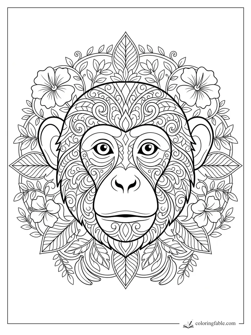 Intricate mandala monkey face with hibiscus flowers, curled vines, large ears, and layered leaves