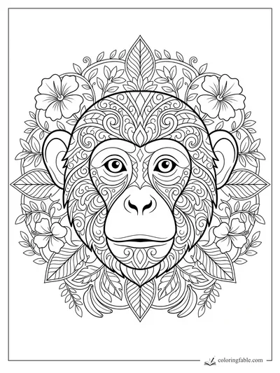 Intricate mandala monkey face with hibiscus flowers, curled vines, large ears, and layered leaves