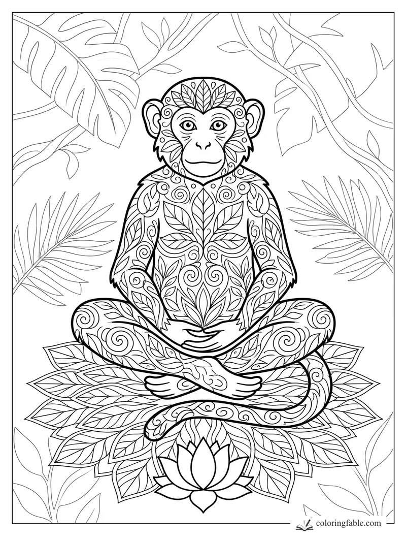 Intricate mandala monkey sitting cross-legged on a lotus and leaf pattern, framed by jungle vines.