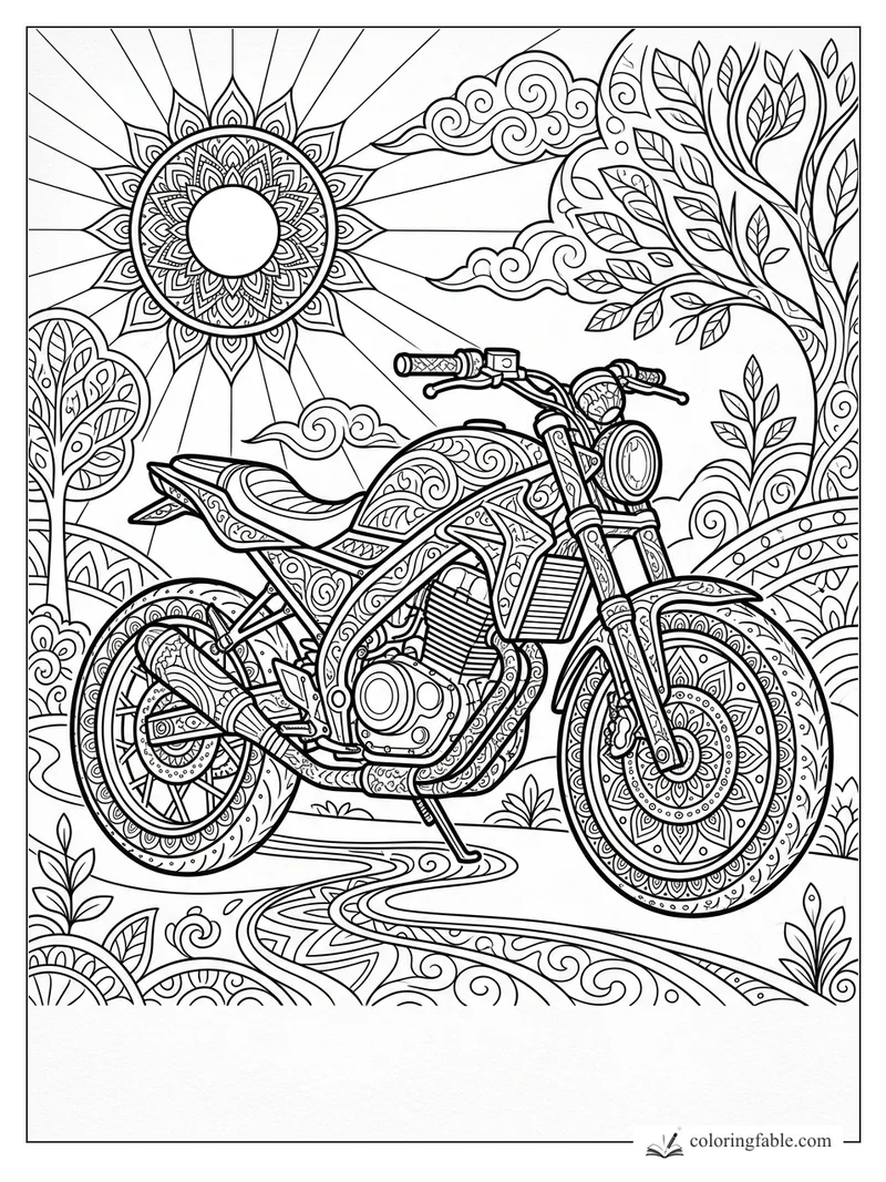 Intricate mandala motorcycle with patterned wheels, sunburst, swirling clouds, leafy trees, and curving road