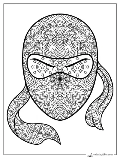 Intricate mandala ninja mask with star-filled eye band, floral forehead, and patterned trailing scarf