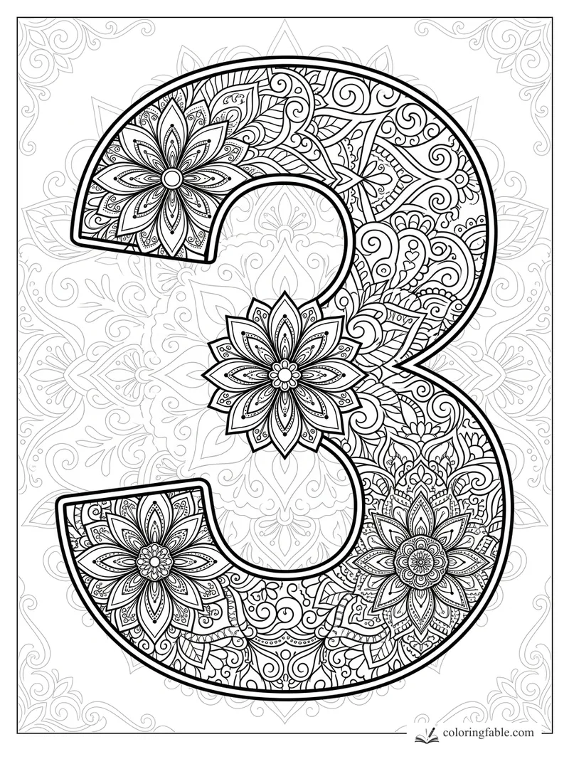 Large number 3 mandala with lotus flowers, paisley curls, and faint ornamental background patterns