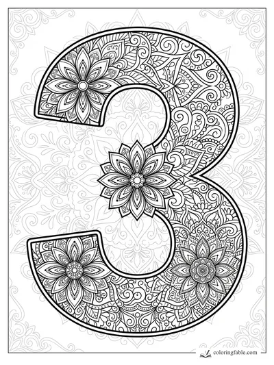 Large number 3 mandala with lotus flowers, paisley curls, and faint ornamental background patterns
