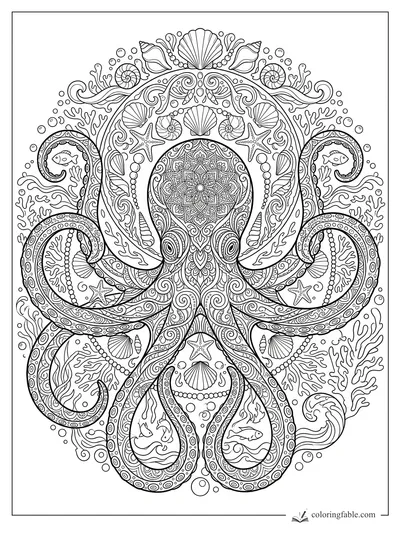 Intricate mandala octopus with patterned tentacles, shells, starfish, coral, bubbles, and fish