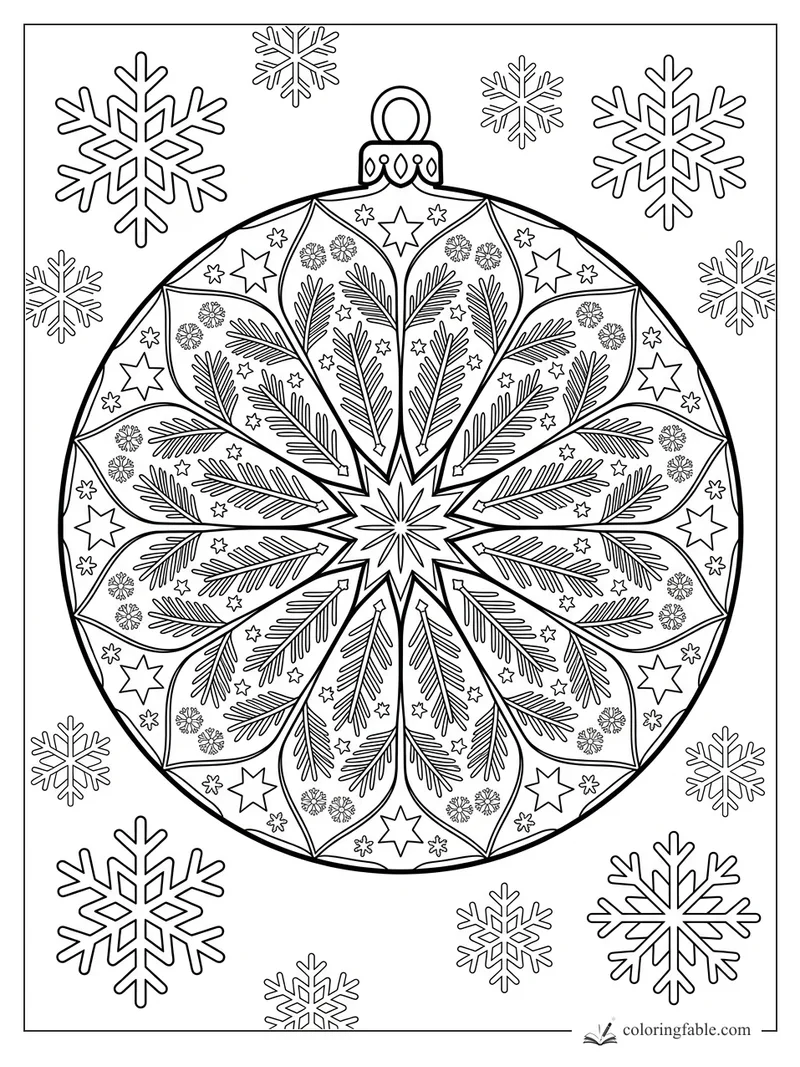 Intricate round ornament mandala with fir branches, stars, cap, loop, and surrounding snowflakes.