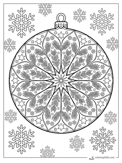Adorno redondo mandala para colorear con ramas de abeto, estrellas, tapa, aro y copos de nieve alrededor