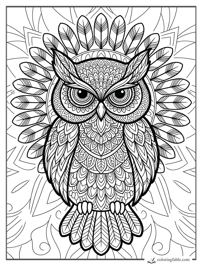 Intricate mandala owl with wide eyes, layered chest feathers, talons, and a feather halo.