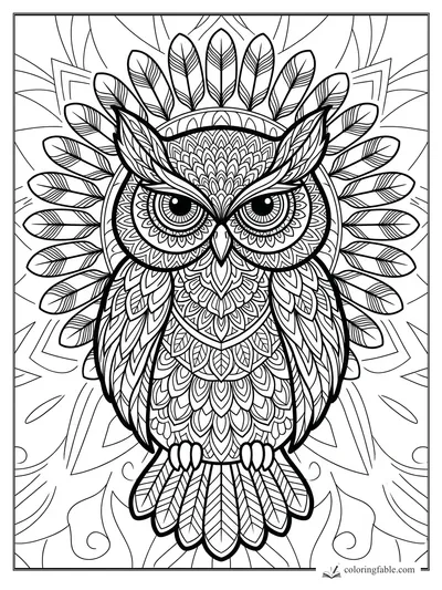 Intricate mandala owl with wide eyes, layered chest feathers, talons, and a feather halo.