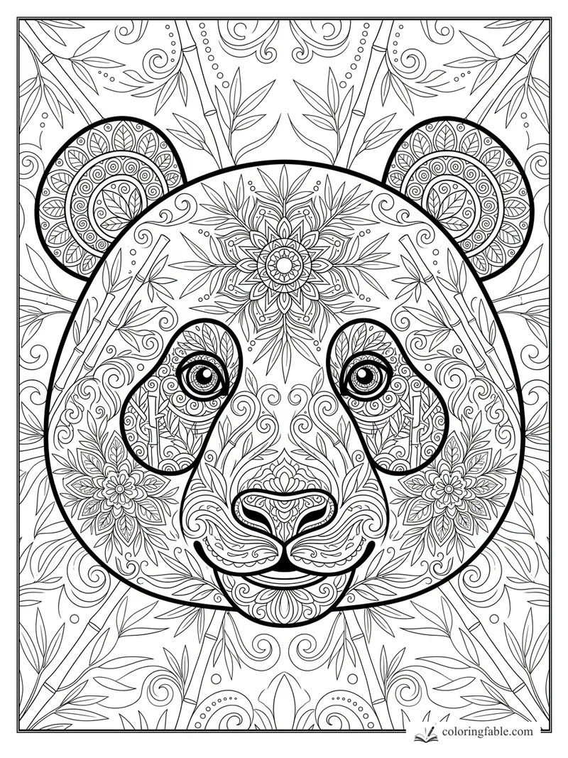 Intricate mandala panda face with patterned ears, bamboo stalks, leaves, flowers, and curling swirls