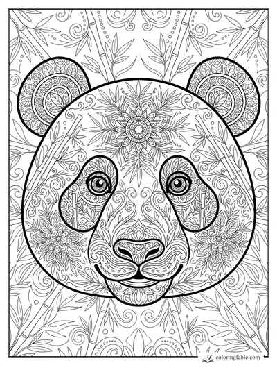 Intricate mandala panda face with patterned ears, bamboo stalks, leaves, flowers, and curling swirls