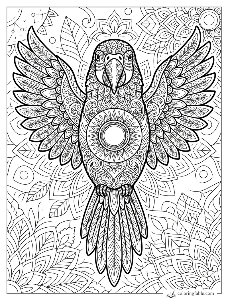 Intricate mandala parrot with open wings, patterned feathers, leafy background, and sun medallion belly