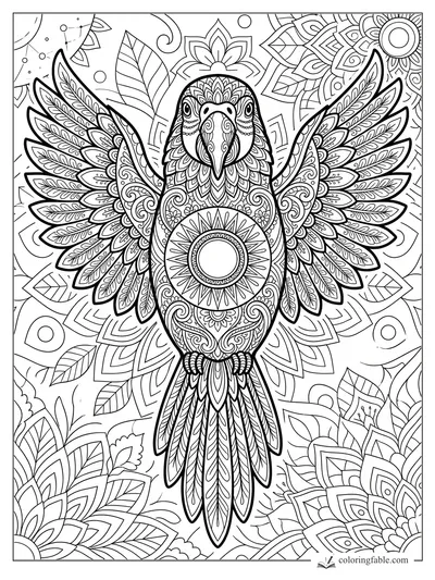 Intricate mandala parrot with open wings, patterned feathers, leafy background, and sun medallion belly
