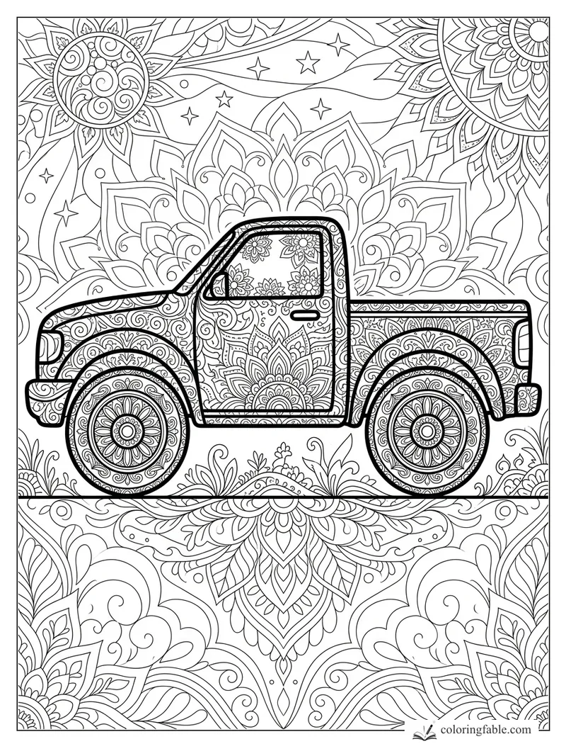 Intricate mandala pickup truck with floral wheels, patterned door, stars, and leafy ornament background