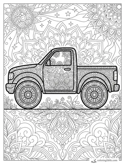 Intricate mandala pickup truck with floral wheels, patterned door, stars, and leafy ornament background